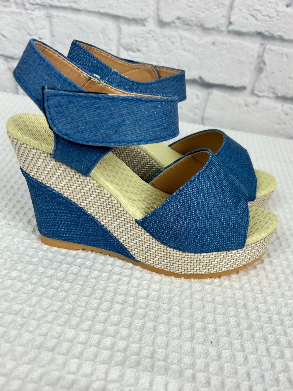 HengShu Denim Platform Wedge Sandals Blue Espadrille Ankle Strap Size 38